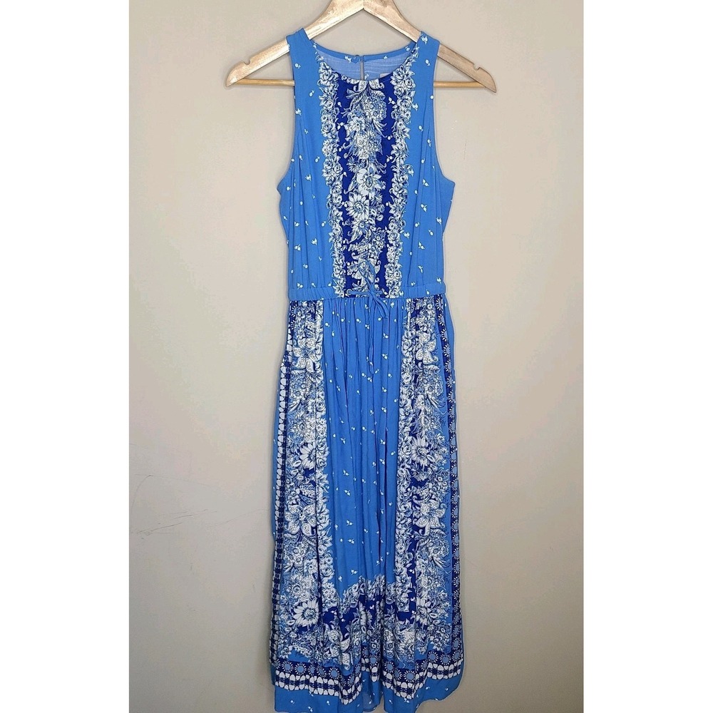 Loft Midi Dress XS Blue Floral Sleeveless Back Cut Out Pockets Drawstring